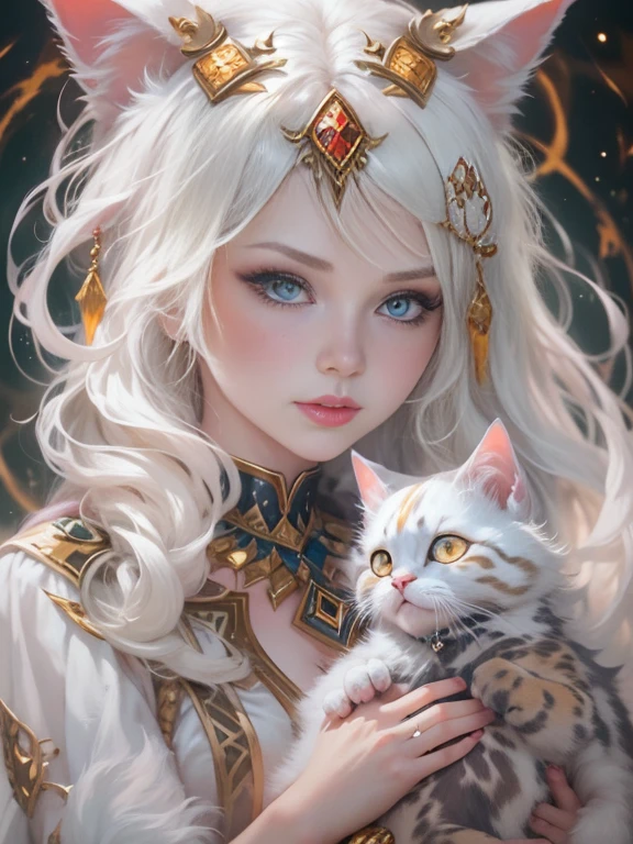 Imagine a graceful humanoid white cat with sleek, flowing white hair and piercing amber eyes. She stands tall and elegant, exuding an air of mystery and power. She wears a stylish and intricately detailed outfit that combines elements of traditional cat motifs with modern fashion. Surround her with an aura of magic and mystique, as if she possesses supernatural abilities. Capture her graceful presence and enigmatic charm in your artwork, while showcasing her feline features and the essence of her cat-like nature."