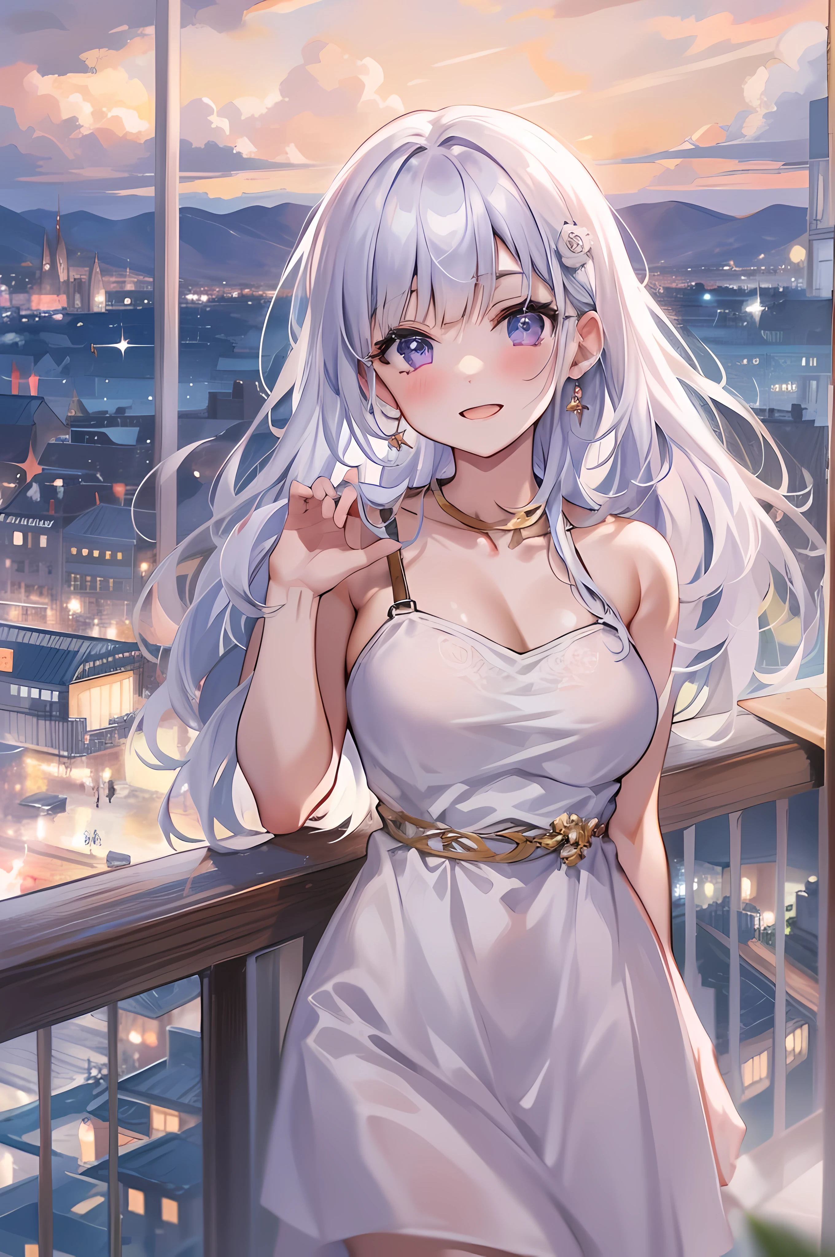 beautiful girl, absurdres, silver hair, violet eyes, long hair, blunt bangs, large breasts, white sundress, rose gold watch, feminine, smile, city, starry night, solo