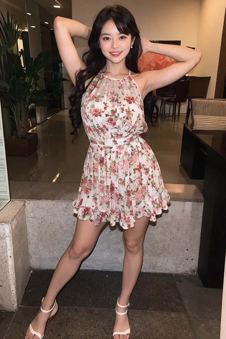 be familiar with,sharp lines,highest quality, masterpiece、ancient ruins、dark light、Canon Photo Crystal Clear ,（realistically:1.2）, (cherry red floral print casual micro mini skirt dress)、action pose、Take a full body photo、lazy smile、glamorous figure、long hair