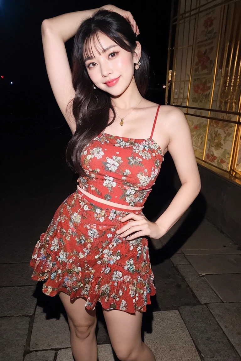 be familiar with,sharp lines,highest quality, masterpiece、ancient ruins、dark light、Canon Photo Crystal Clear ,(realistically:1.2), (cherry red floral print casual micro mini skirt dress)、action pose、Take a full body photo、lazy smile、glamorous figure、long hair