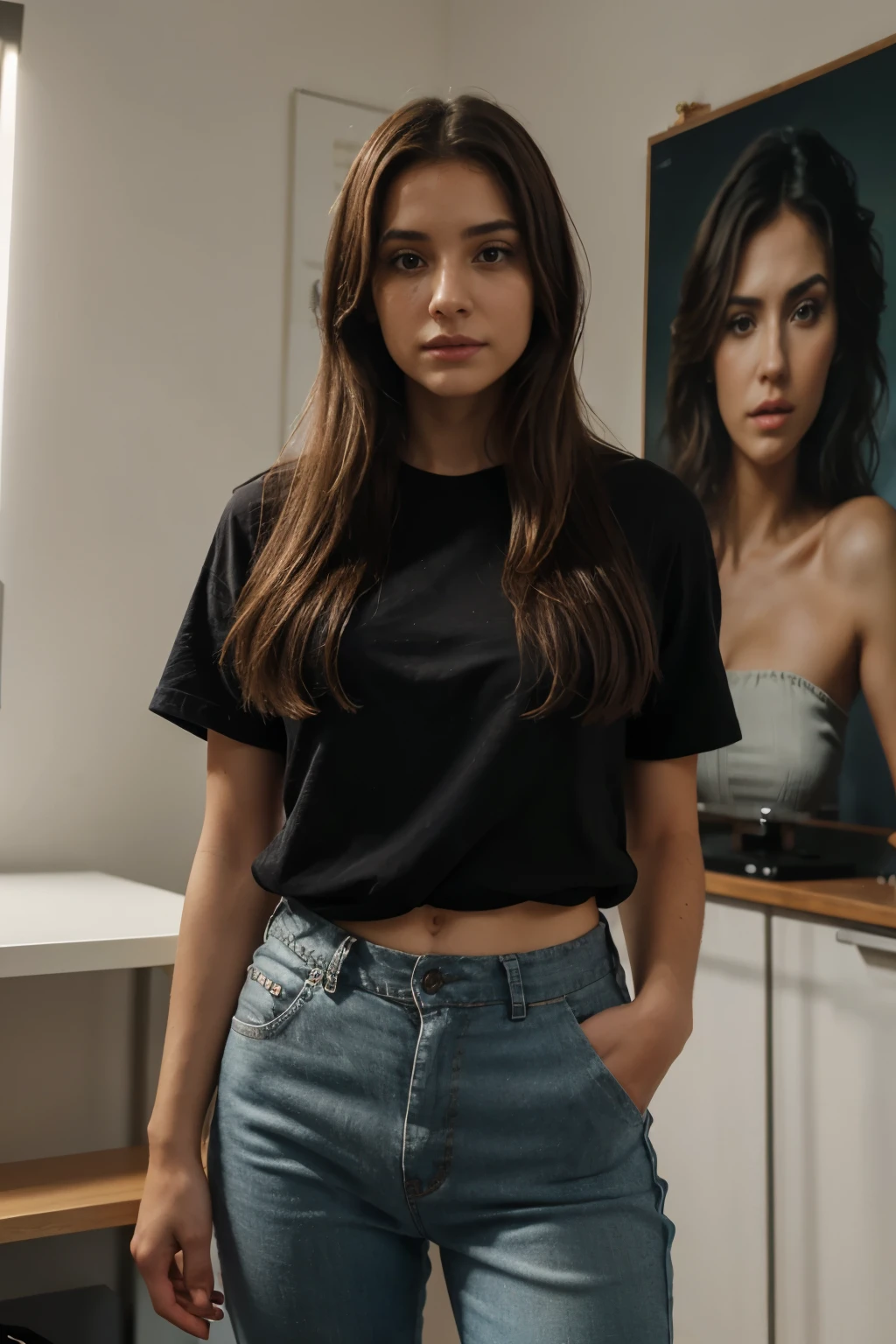 Hyperrealistic female portrait of a hand inside a pocket, arte de fantasia, fotorrealista, dynamic lighting, Art Station, poster, volumetric lighting, Rosto altamente detalhado, 4k, premiado, (escuro: 1.6), A girl with her hand in her pocket, corpo de frente, Sutil, retrato, (pants 1.4), cabelo curto, Cabelo preto, descascando isso