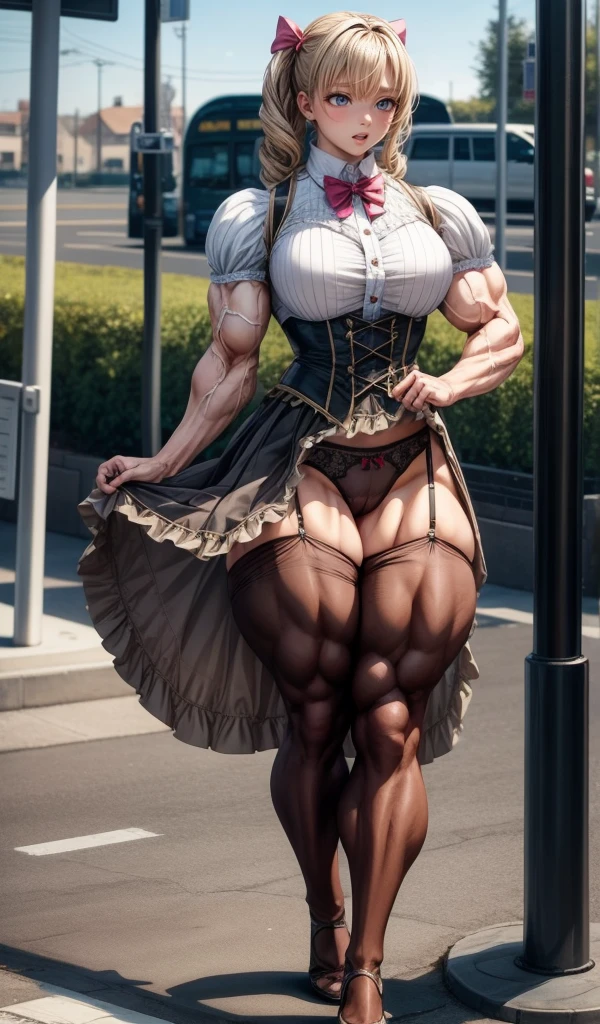 , (muscular female:1.1),ta fashion, skirt lift,bow panties,muscular thighs
masterpiece, best quality, extremely detailed face, perfect lighting, extremely detailed CG,open mouth,bus stop,brown pantyhose