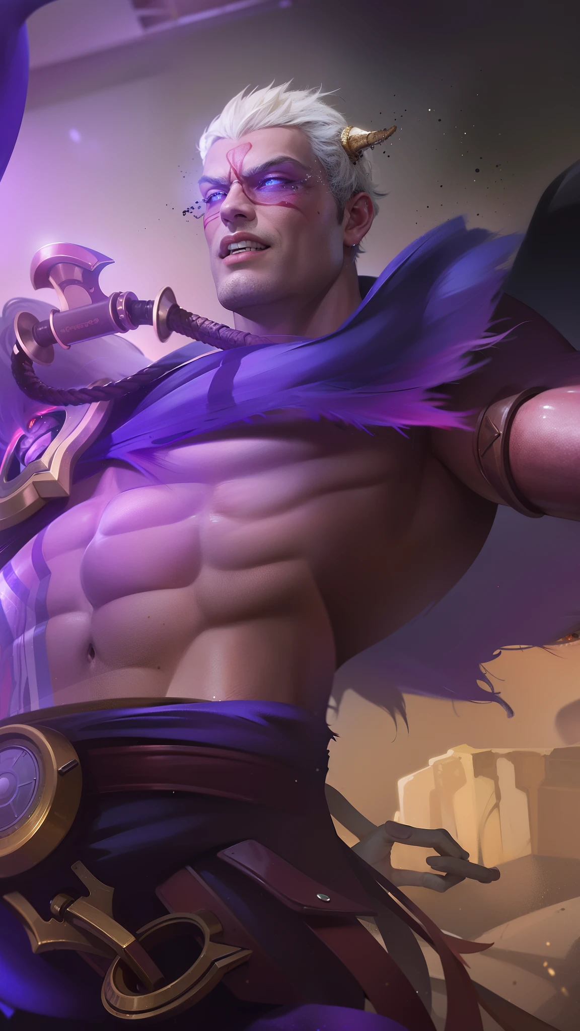 masculine male, masterpiece, ((perfect eyes)) best quality, (semirealism:1.9), beautiful lighting, (extremely detailed CG unity 4k fhd wallpaper), High Detail, Sharp focus, dramatic outdoors, 1 boy ,40 years old, brown short hair, blue eyes, smile, Boy with two big horns, big earrings on ears, elf ear, red eyes, Thick eyebrows, evil smile, grinning,red body, red face, Burning skin, yellow diamonds glistening on chest, burning red skin,golden robe behind, big white belt , 8k , realistic, scary,