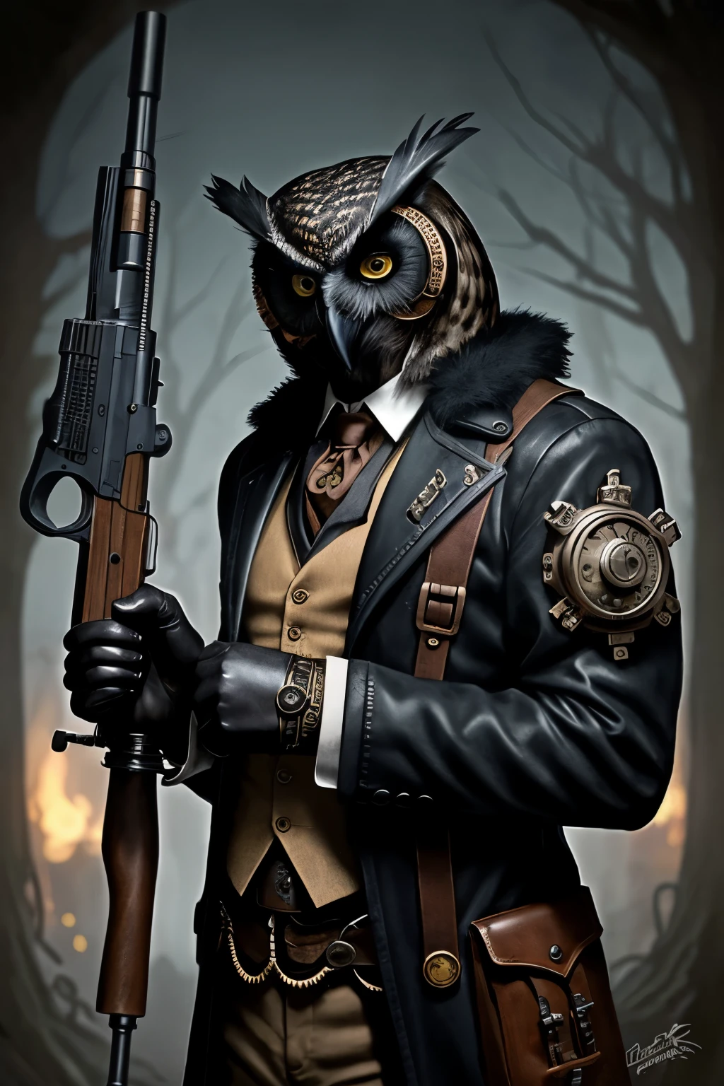 masterpiece,monster,steampunk,black owl,male,rifle,