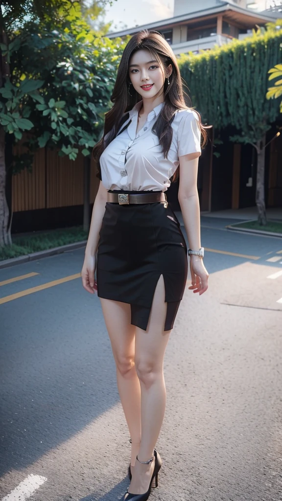 highest resolution, 8K, high definition , (((Very long hair, extra long))) , ((Thai Students,Half Thai, half Japanese, half Korean.,Height 173 centimeters)) , ((stand,walk)) , ((Beautiful face,แต่งBeautiful face,Double eyelids,red lips,smile at the corner of the mouth,beautiful eyes,)) , ((Beautiful Woman,The texture is realistic.)) , ((Slim white short-sleeved shirt)) , (((collar shirt))) , (((Matte black short pencil skirt,Very short,Side incision,กระโปรงสีดำด้านพร้อมbeltผู้หญิง,tight))) , (((Huge breasts,Breast augmentation,เต้าBig tits,Big tits,Plump milk,Fluffy milk,Huge breasts))) , (((Symmetrical shape,sexy figure,Thin,slim,small waist,Long legs,Beautiful thighs))) , (((Pitch black high heels,earring,Put on a watch,belt))) , (((full body,Look at every part of the body.))) , (((university backdrop, building,building,lawn,outdoor sports field)))