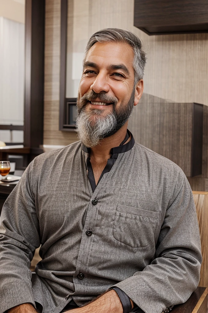 an attractive mature man with a thick beard and gray hair in an elegant suit sitting in a luxury restaurant and smiling in front of the camera