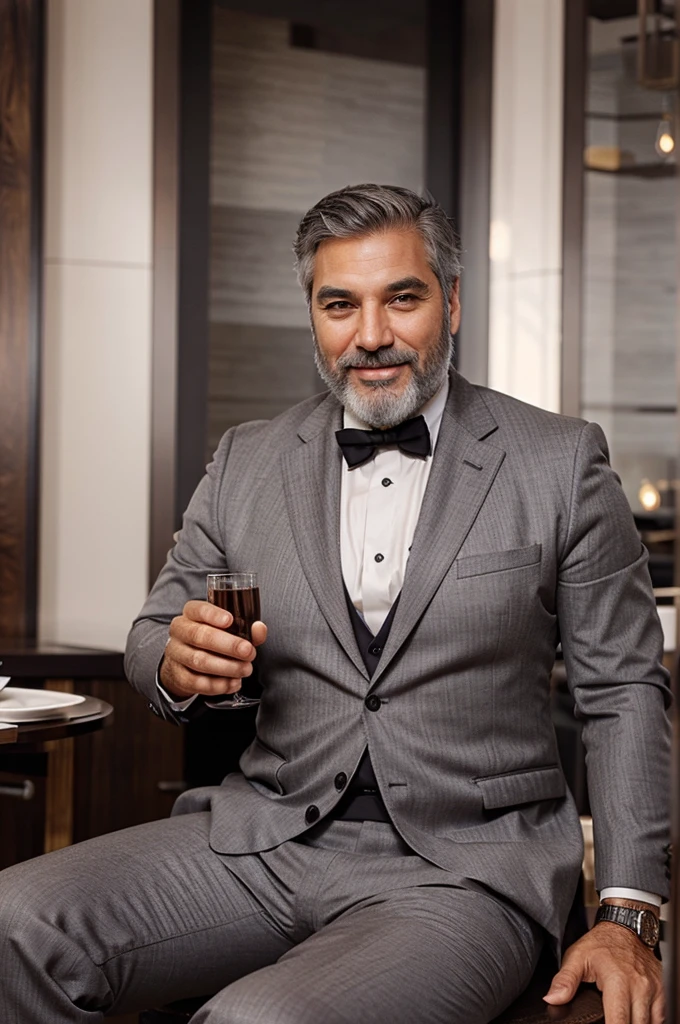 an attractive mature man with a thick beard and gray hair in an elegant suit sitting in a luxury restaurant and smiling in front of the camera