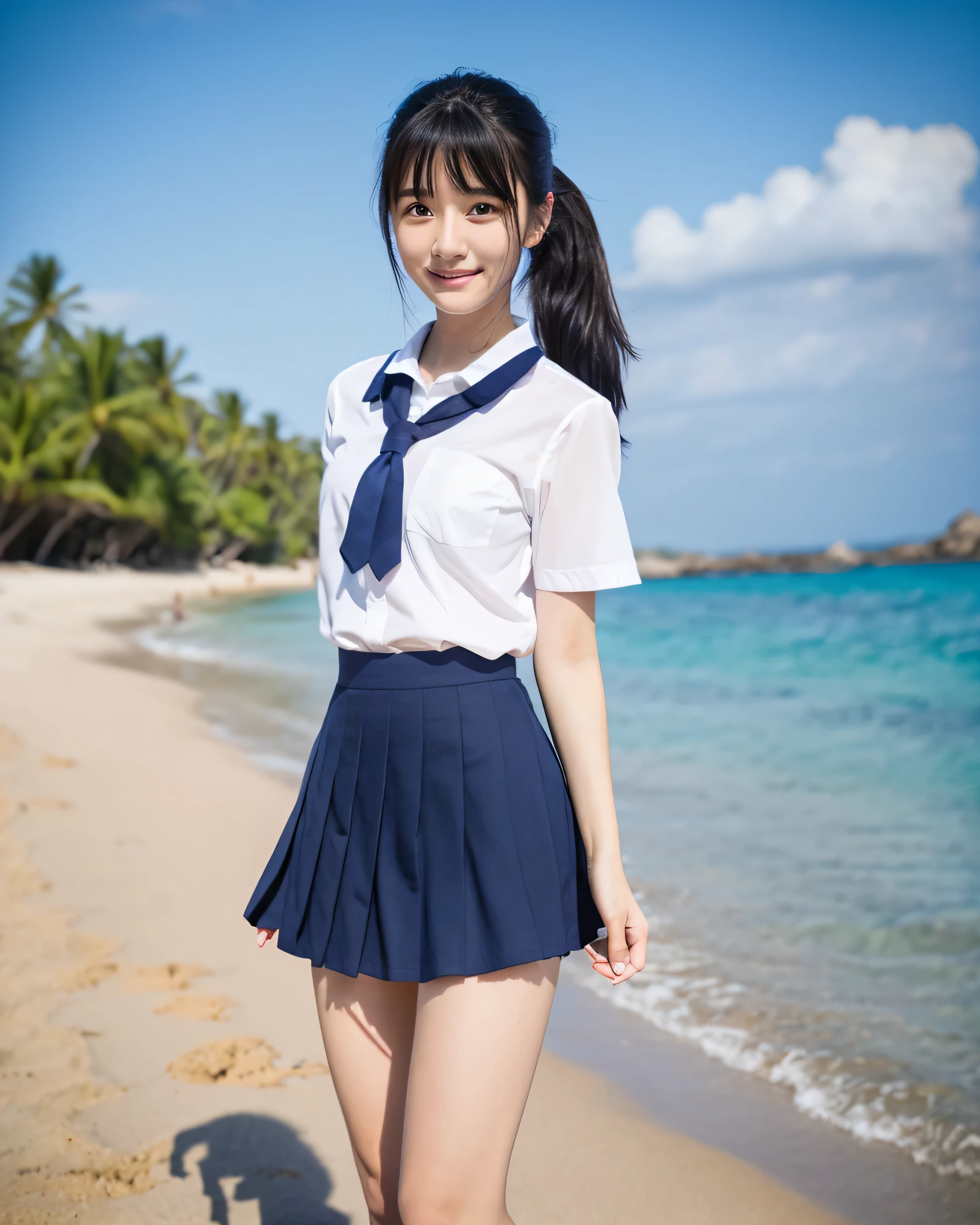 beautiful japanese high school girl complex colored black hair ponytail Magical beautiful eyes smooth soft skin gentle smile (school uniform:1.5) navy pleated skirt mini skirt (I can see a little of your belly button:1.7) (walking barefoot on the sandy beach:1.3) summer sunshine Clear blue sea Professional photographer professional lighting (whole body:1.5) Blue sky