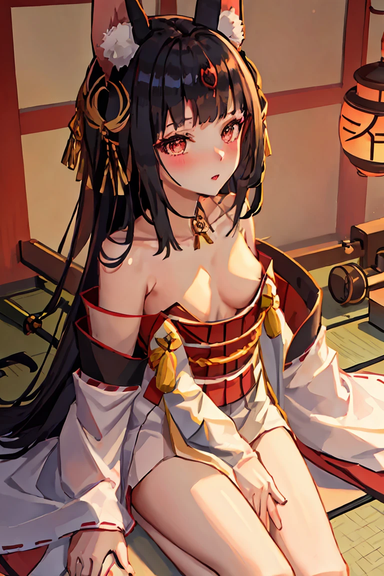 最好of质量, masterpiece, high resolution, 独自of, {Nagato_o azur:1.15}, animal_ears, fox_ears, 黑色of_hair, 长of_hair, Bangs, animal_ear_fluff, of_Eyes, blush, blunt_Bangs, hair_decoration, 棕色of_Eyes, 1 girl, only_Shoulder, hood, Japanese_clothing, kimono, Hang up,Tube top, ferryman, broke up_lips, 白色of_kimono, collarbone, of_sleeve, one_Eye_closure, 短of_hair, side lock
