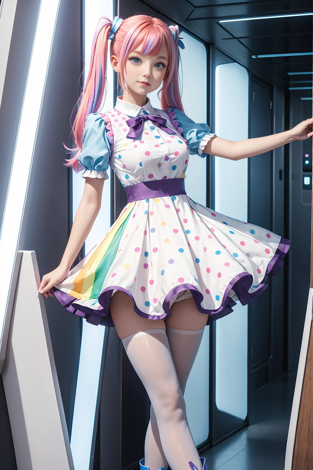 Cute Redhead, idol sculpture, With rainbow colored hair, ribbon in her hair, 18 year old female, Happy, With twin tails, Perfect symmetrical eyes, clear shining blue eyes, white skin, Silky smooth skin, Standing on top of a flashy, luxurious spaceship, big futuristic hallway, Control panel, wood trim, Decorative plants, warm lighting, wearing a futuristic party dress, pleats (shirt) mini dress (Pastel rainbow colors, and polka dots), wearing pantyhose all over, cute short cut boots.