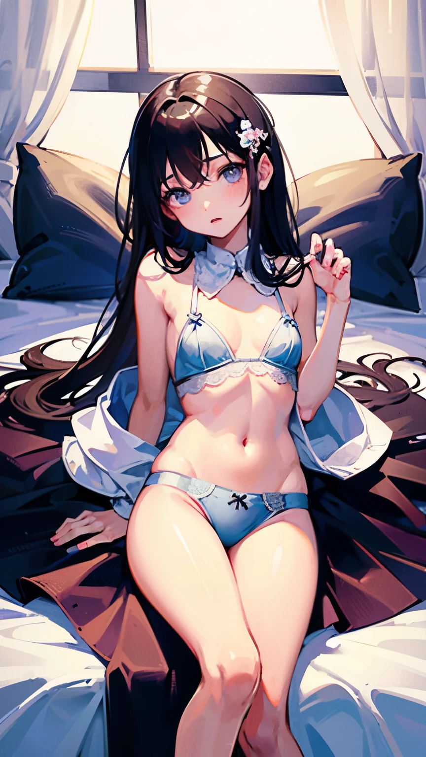 girl、、bedroom、lace underwear、Spread your legs apart、small breasts、flat chest、（master piece：1.3）、（clear pictures）、Raw photo、（highest quality、master piece：1.2）、realistic skin texture、（detailed background : 1.2)、