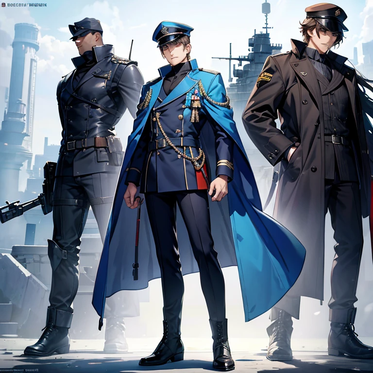 boots、Military Personnel、fullbody、hat、COOL、blue、gentleman、fantasy、Handsome guy、Standing facing forward