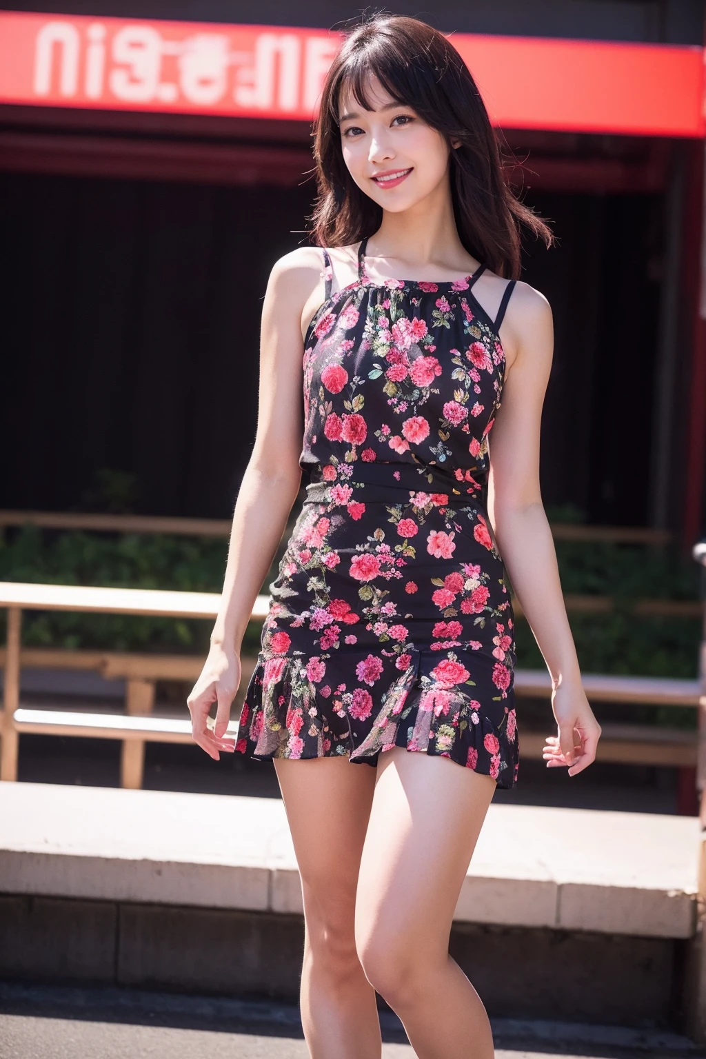 be familiar with,sharp lines,highest quality, masterpiece、Night parking lot、dark light、Canon Photo Crystal Clear ,（realistically:1.2）, (Raspberry colored floral print casual mini skirt dress)、action pose、Take a full body photo、lazy smile、glamorous figure、Medium Layer Hair