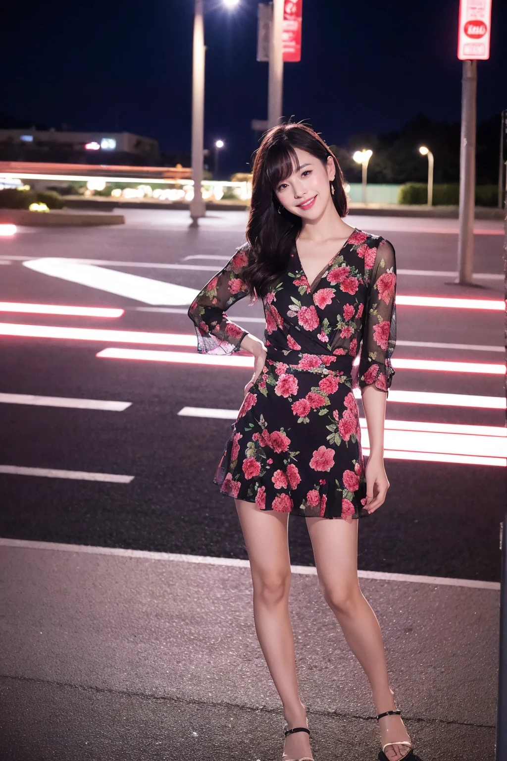 be familiar with,sharp lines,highest quality, masterpiece、Night parking lot、dark light、Canon Photo Crystal Clear ,(realistically:1.2), (Raspberry colored floral print casual mini skirt dress)、action pose、Take a full body photo、lazy smile、glamorous figure、Medium Layer Hair