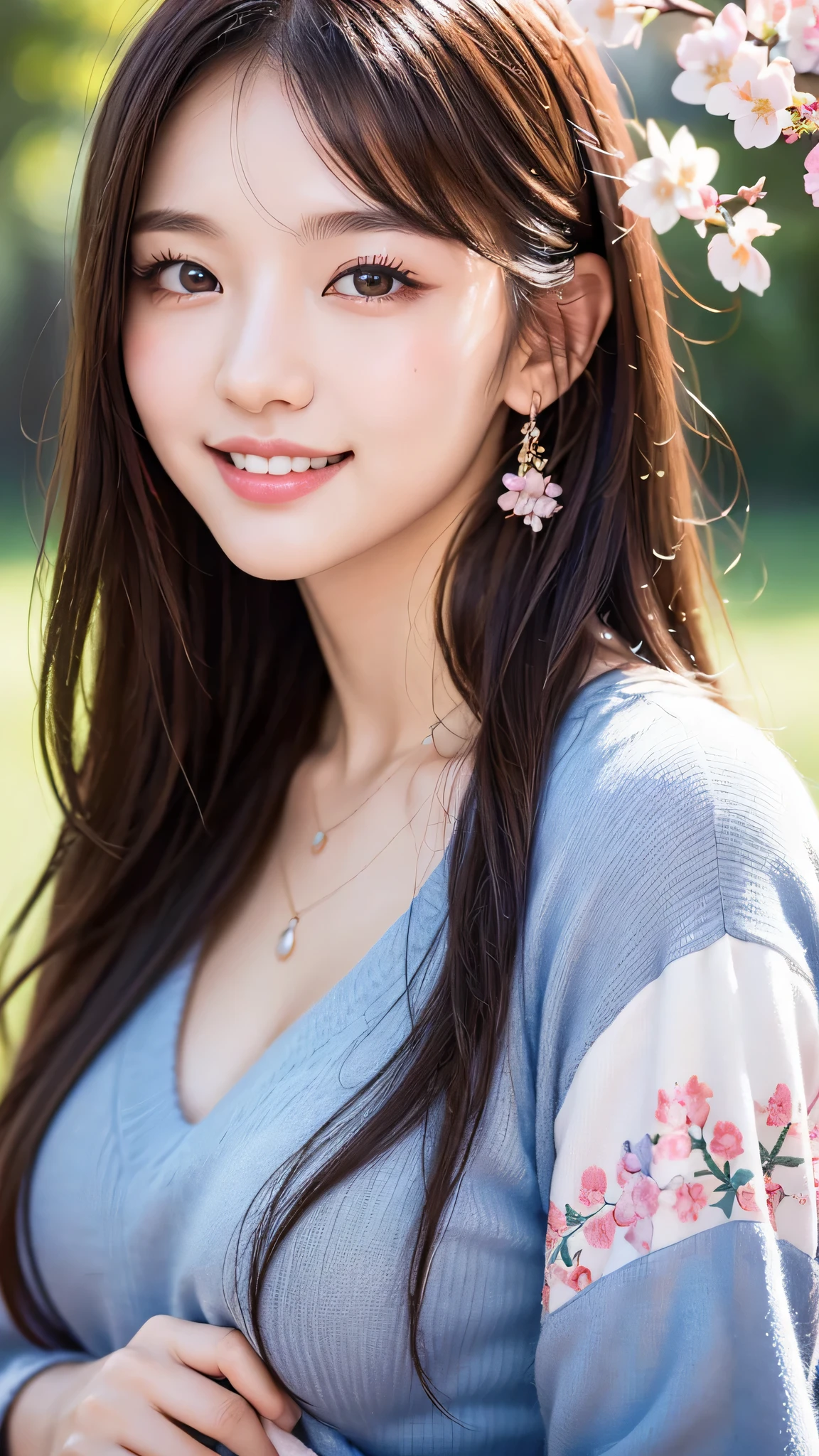 (1ung girl), cute face, kawaii, Brown hair, instagram beautiful girl photos, great smiles, (Best Quality:1.3), (Ultra-detailed), (extremely detailed CG unified 8k wallpaper), Highly detailed, High-definition raw color photos, Professional Photography, cherry blossom, colorful pictures, colorful photos, depth of fields,