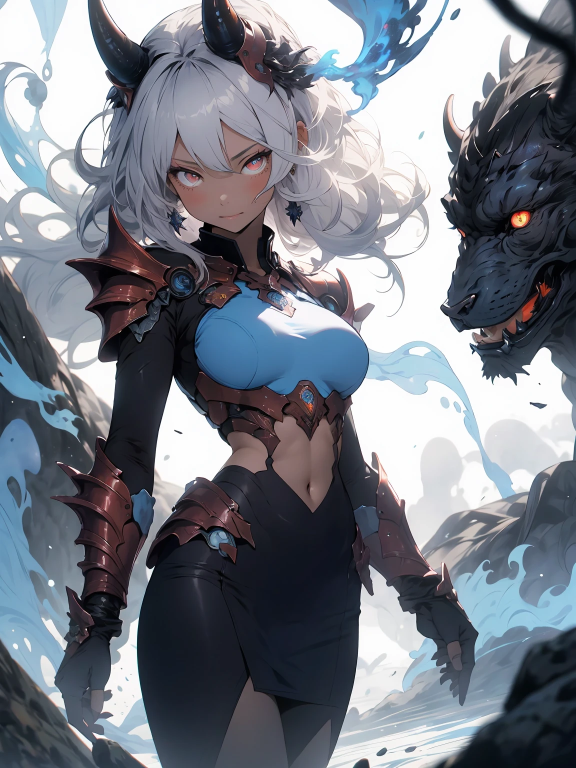 make it realistic,(masterpiece,highest quality,highest quality,very detailed,fractal art,most detailed,(background is abstract:1.5)(1 girl),Kamimei,(hair length),(Shining red eyes and beautiful white hair、big breasts,trained abdominal muscles),crystallization,high leotard,sexy,machine armor、Devil's horn、Blake、berserk , (burning blue flame:1.4),(black pencil skirt)