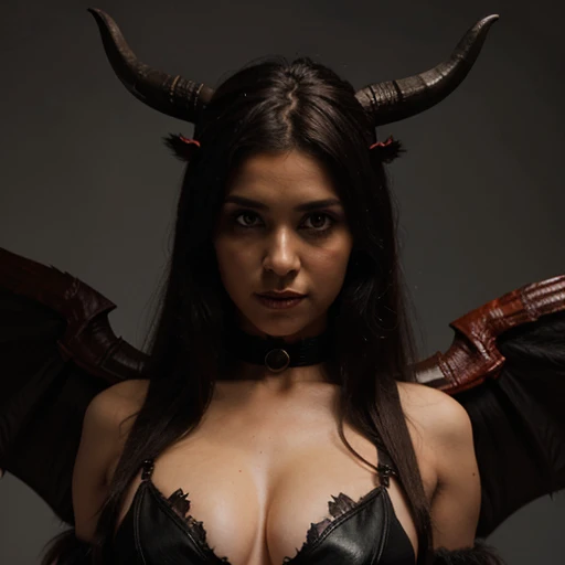 Devil girl with large demon wings, buffalo horns,