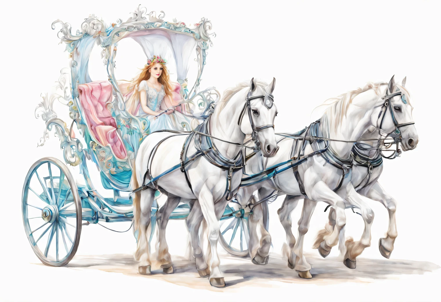 carriage on white background, White horses, harnessed to a carriage, fairy princess carriage, style of drawing with colored pencils, Sketch