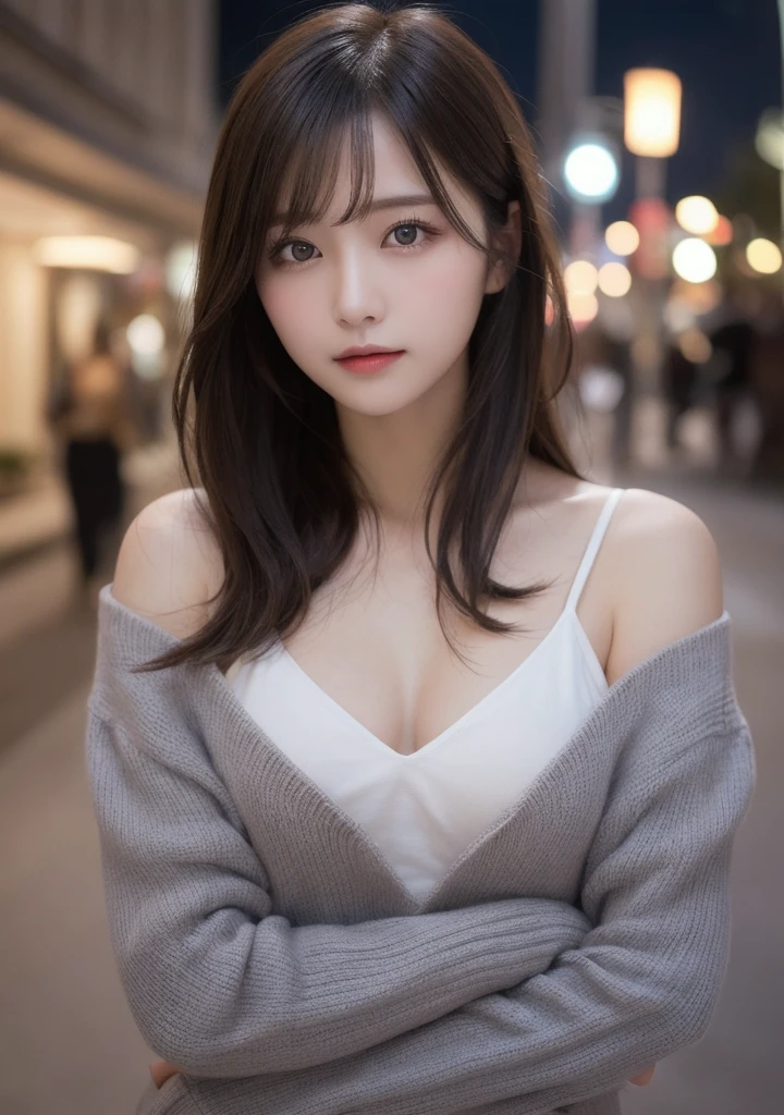 table top, highest quality, shape, Super detailed, finely, High resolution, 8k wallpaper, 完璧なダイナミックな構shape, beautiful and detailed eyes, elegant winter clothes,medium hair,small breasts natural color lip, bold sexy pose,smile、20 year old girl、cute、Sexy looking at camera,night,beautiful and detailed face,elegant face,perfect and beautiful face,Slim face and body,spread your arms wide、background blur