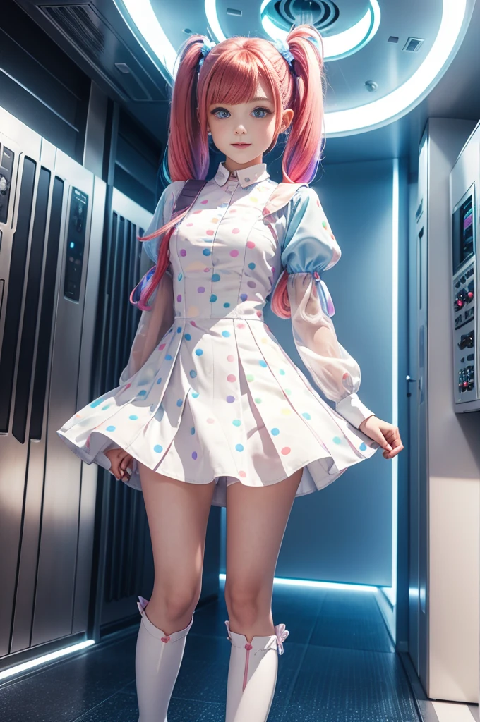 Cute Redhead, idol sculpture, With rainbow colored hair, ribbon in her hair, 18 year old female, Happy, With twin tails, Perfect symmetrical eyes, clear shining blue eyes, white skin, Silky smooth skin, Standing on top of a flashy, luxurious spaceship, big futuristic hallway, Control panel, wood trim, Decorative plants, warm lighting, wearing a futuristic party dress, pleats (shirt) mini dress (Pastel rainbow colors, and polka dots), wearing pantyhose all over, cute short cut boots.