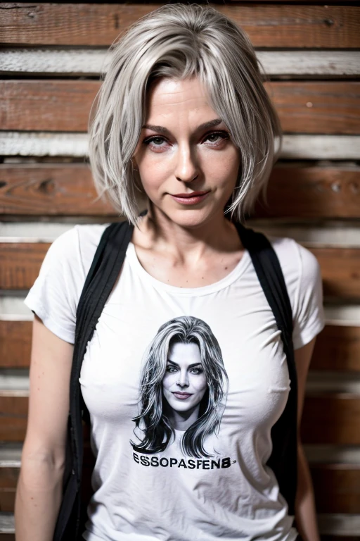 Mulher de 35 anos espanhola, bonita. Cabelo cor silver, na altura do ombro corte de cabelo moderno. Encorpada vestindo camiseta preta. Sorrindo