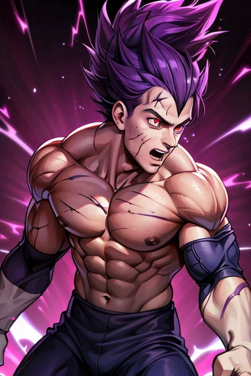 Cristiano Ronaldo with purple hair, red eyes, torn clothes, smeared with blood, a hateful expression on his face, and a dark purple aura coming out of his body