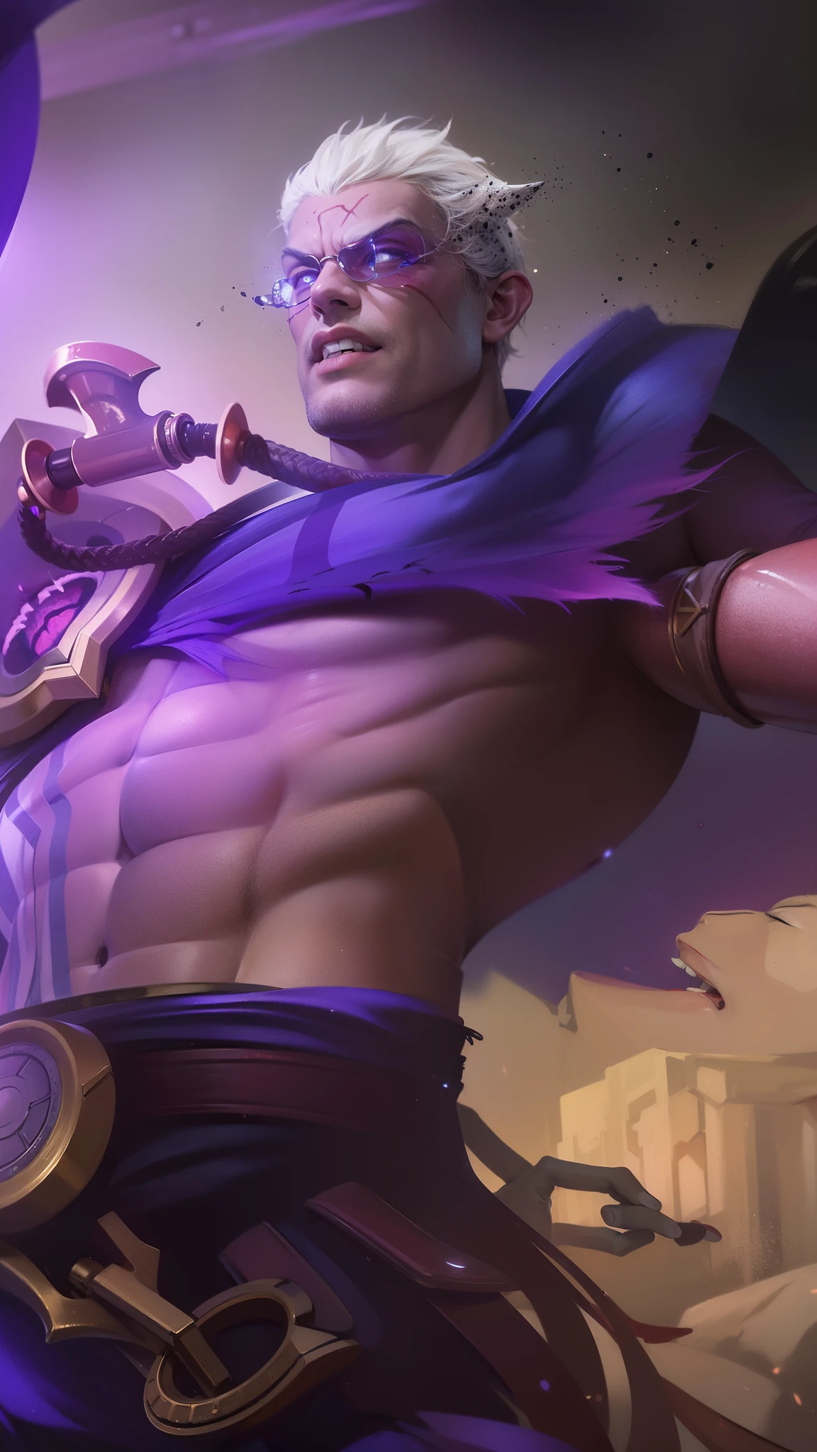 masculine male, masterpiece, ((perfect eyes)) best quality, (semirealism:1.9), beautiful lighting, (extremely detailed CG unity 4k fhd wallpaper), High Detail, Sharp focus, dramatic outdoors, 1 boy ,40 years old, brown short hair, blue eyes, smile, Boy with two big horns, big earrings on ears, elf ear, red eyes, Thick eyebrows, evil smile, grinning,red body, red face, Burning skin, big white belt , 8k , realistic, scary,