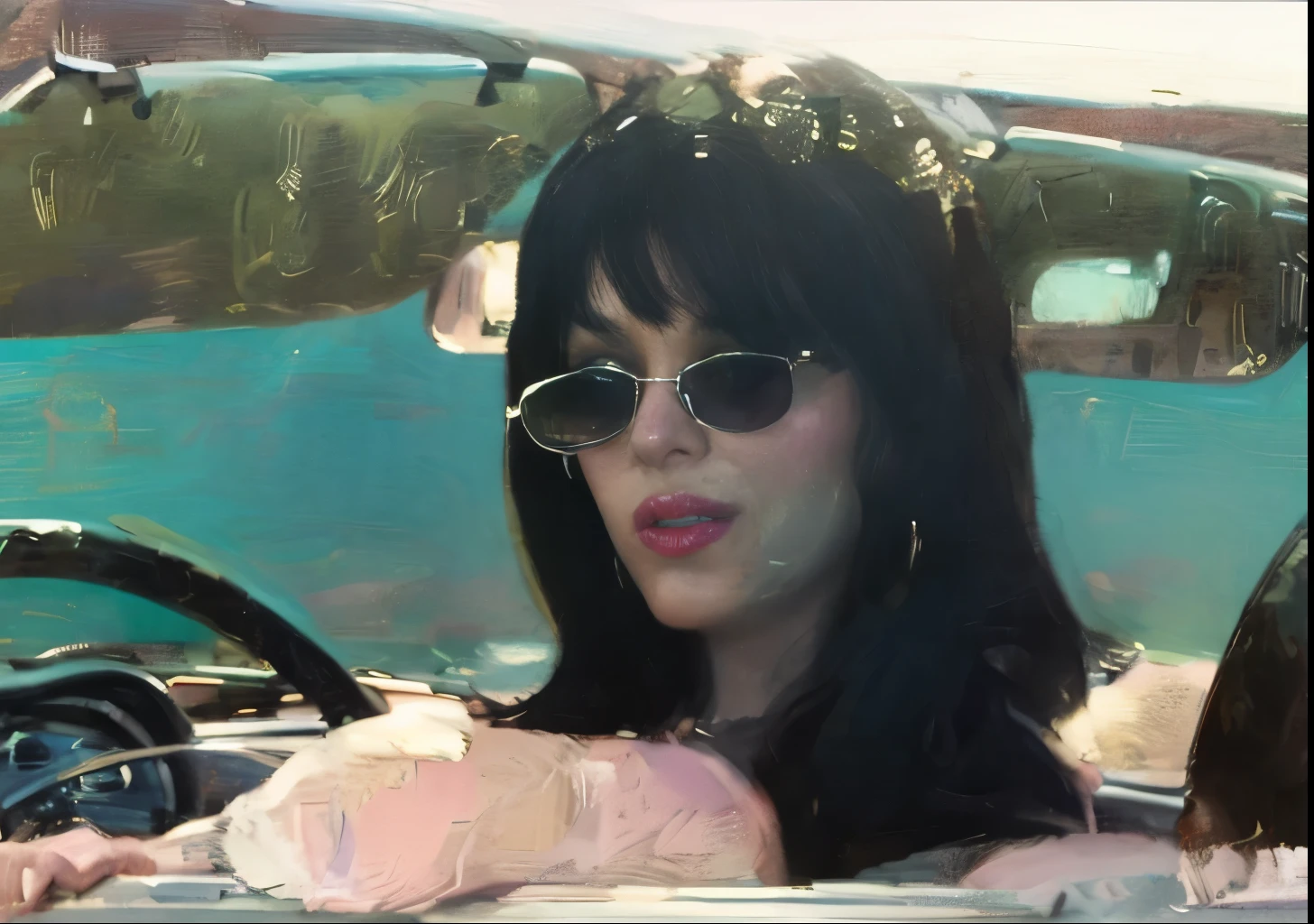arafed woman in a car with a steering wheel and sunglasses, she has black hair with bangs, cynthwave, charli xcx, charli bowater, zooey deschanel, lofi, alice cullen, lily allen, lofi girl, sitting in her car, movie screencap, movie screen shot, in pulp fiction 1 9 9 4