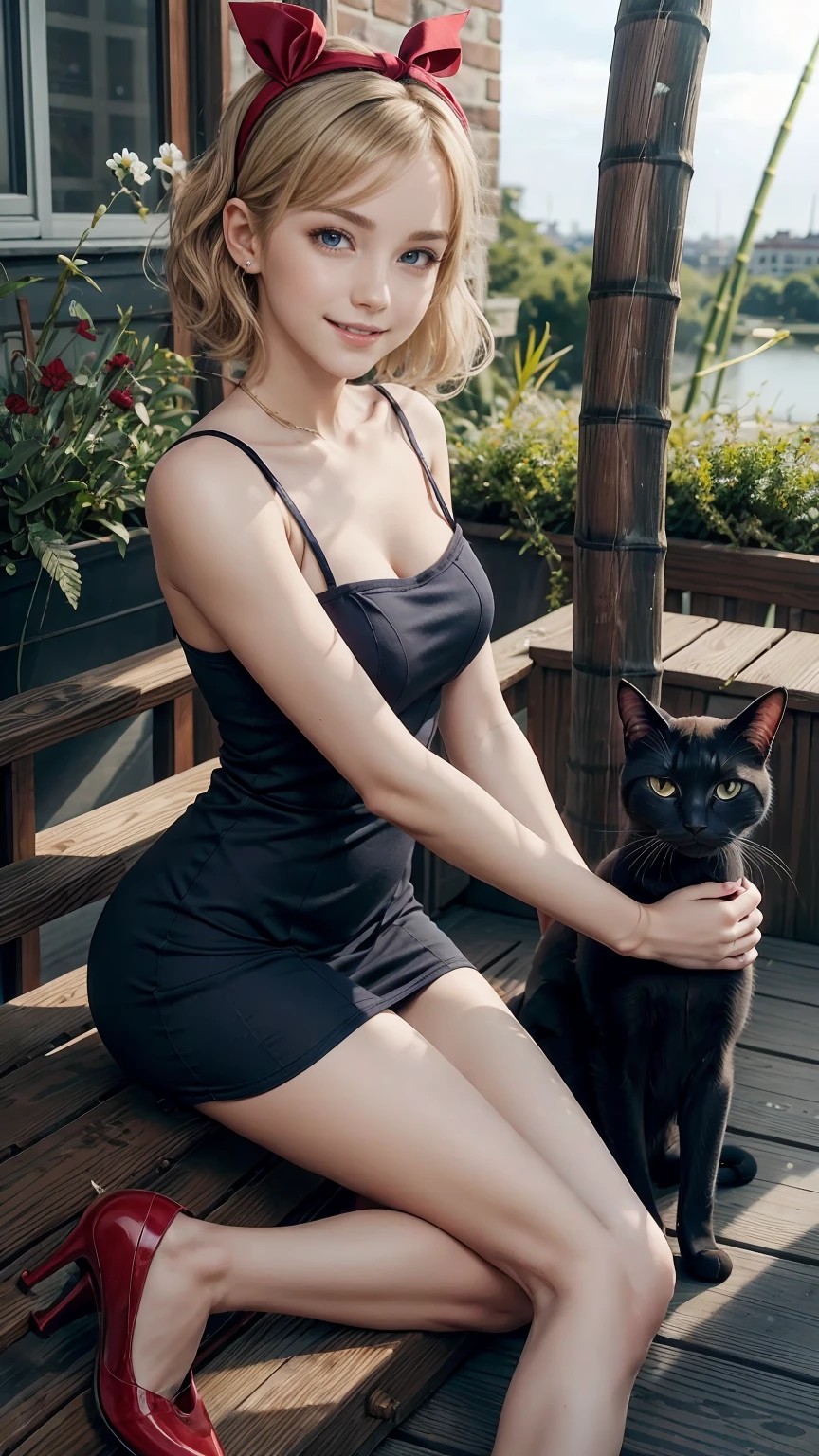 A 23-year-old white woman with unparalleled beauty.、blue eyes、dark blonde、hair is wavy、bob hair、She wears a red ribbon headband on her head.、The ends of the hair are curled upwards、smile、Slender yet well-proportioned body、sunlight is shining from above、photorealistic images、8K quality、I don't want my head to disappear from the screen.、wearing a dark blue dress、wearing red shoes、I have a bamboo broom with a long stick.、There's a black cat next to me、smile、Ghibli、Witch's Delivery Service、kiki、I'm sitting on the roof of Gamla Stan in Stockholm.