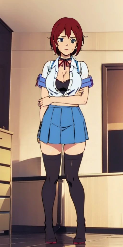 vector image:1.2, 2d cartoon,masterpiece, An anime woman, blush,colored hair, bold makeup, dark nylon stockings with garters:1.1, cheerleader uniform, horny provocative pose:1.2, gloomy orgasm, sneakers, in restroom, full body, selfie