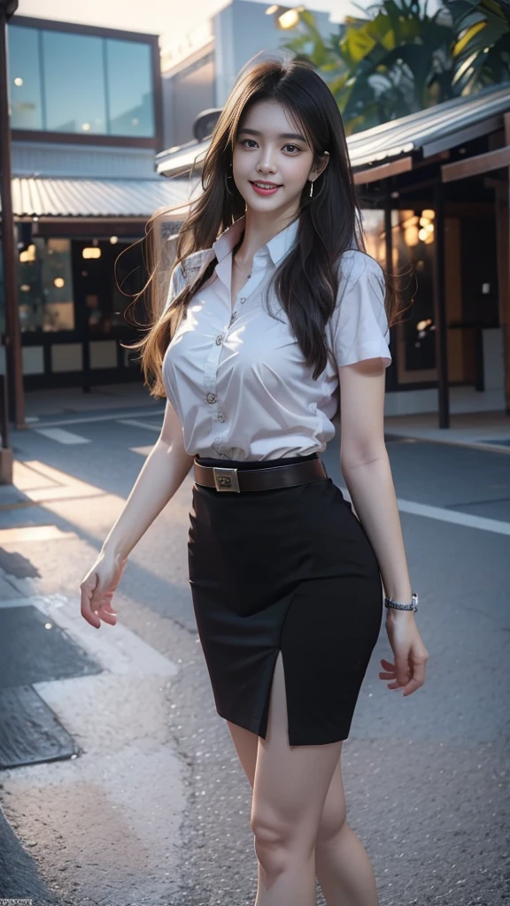 highest resolution,8K,high definition,Very long hair, extra long,Thai Students,Half Thai, half Japanese, half Korean.,Height 173 centimeters,stand,walk,Beautiful face,แต่งBeautiful face,Double eyelids,red lips,smile at the corner of the mouth,beautiful eyes,Beautiful Woman,The texture is realistic.,Slim white short-sleeved shirt,collar shirt,Matte black short pencil skirt,Very short,Side incision,กระโปรงสีดำด้านพร้อมbeltผู้หญิง,tight,Huge breasts,Breast augmentation,เต้าBig tits,Big tits,Plump milk,Fluffy milk,Huge breasts,Symmetrical shape,sexy figure,Thin,slim,small waist,Long legs,Beautiful thighs,Pitch black high heels,earring,Put on a watch,belt,full body,Look at every part of the body.,university backdrop,building,building,lawn,outdoor sports field