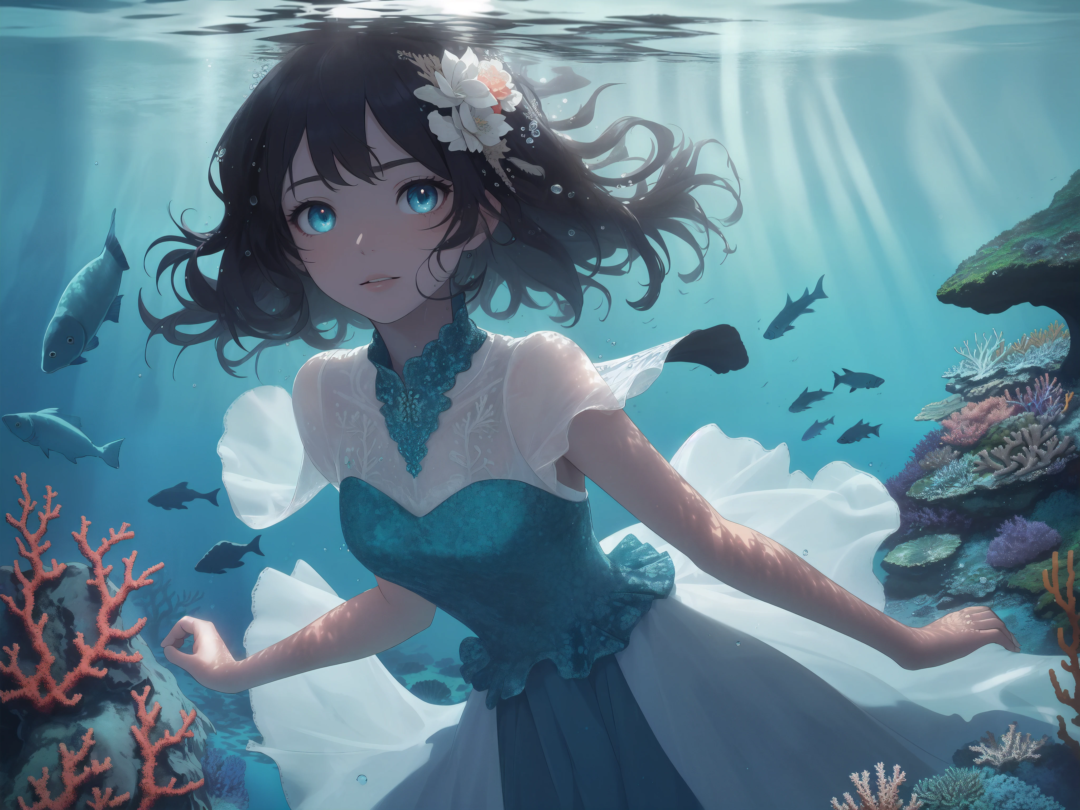 (((masterpiece))),(((best quality))),((super detailed)),((underwater)),(illustration),(Beautiful and delicate water),((coral)),open tuck, ((Extremely delicate and beautiful girl)),dynamic angle, floating,(beautiful and delicate eyes),(Detail lights),(Change),floating hair, glowing eyes,(splash, underwater), black hair, thick hair, Very long and beautiful wedding dress,There is beautiful lace, wet clothes, The best decoration, The best wrinkles, best shadow, feather, nature, (Sunlight), (underwater forest), (painting), (bloom), (Detailed glow), (soak), seaweed, fish, (((Tyndall effect))), face to face