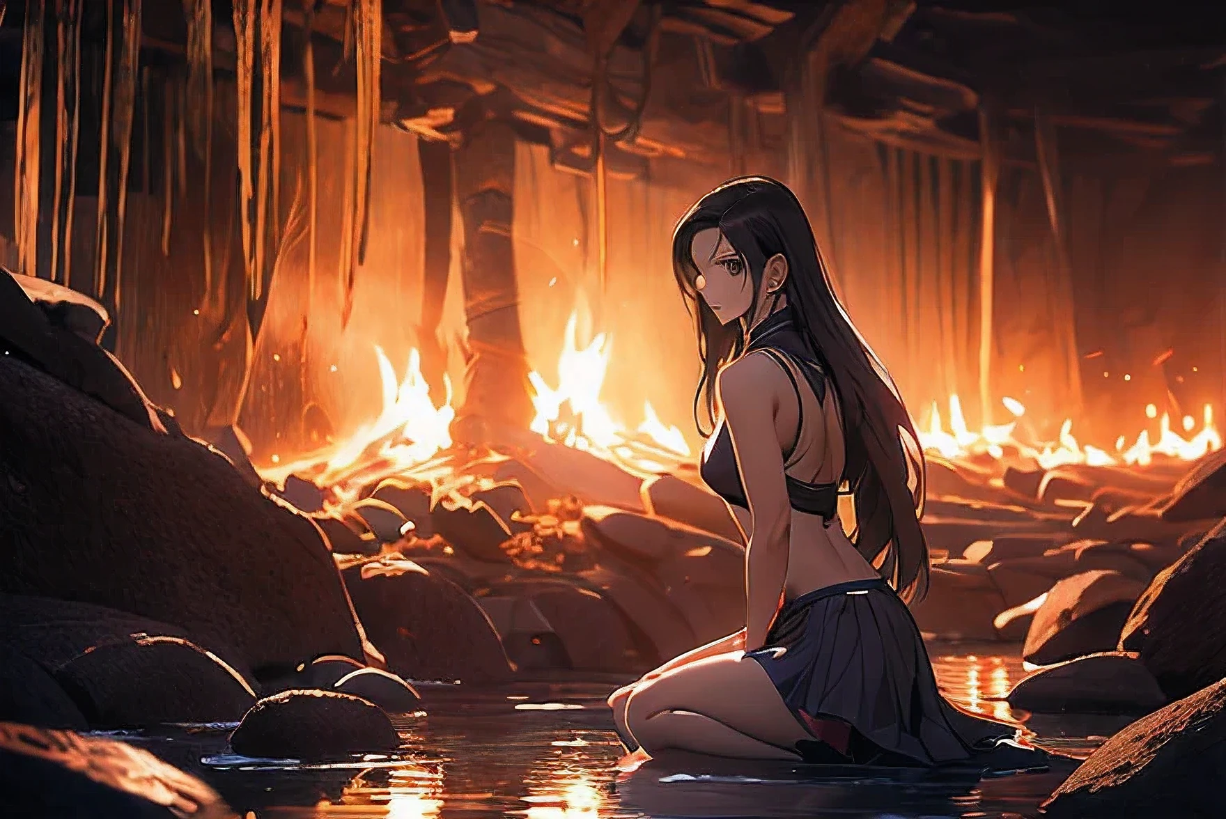 NSFW, white tank top with black trim and black skirt, inside the cave, black long hair, the girl has true red eyes, tifa lockhart, The girl is 16 years old, beautiful skin, realistic anime, anime realism style, Output in 8K, highest quality,Natural light, professional lighting, shiny skin, silky skin, bonfire lighting, Looking over there, show me your white panties, Low - Angle shooting, sexy shot, Pose in a deep dungeon, current battle, hi kick, kick, Low - Angle, dark inside the cave, painful face