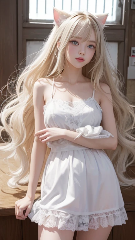 full body, laugh together, bright look、photorealism、highest quality、ultra high resolution、photograph、絶妙に美しい北欧生まれの女の子のphotograph、extraordinary beautiful girl、Detailed cute and beautiful face、(Pure Eros Face_v1:0.008)、beautiful bangs、alice in wonderland、18-year-old、glowing white shiny skin、Flow of hair that extends to the face、bangs between the eyes、super long hair、Attractive light and dark platinum blonde super long straight silky hair、thin hair、Charming shining beautiful bright clear light blue big eyes、white apron、yellow dress、eyeliner、double eyelids、rich bust、two girls、cat ears、great laugh togetherter、short skirt、White lace underskirt、pink panties、