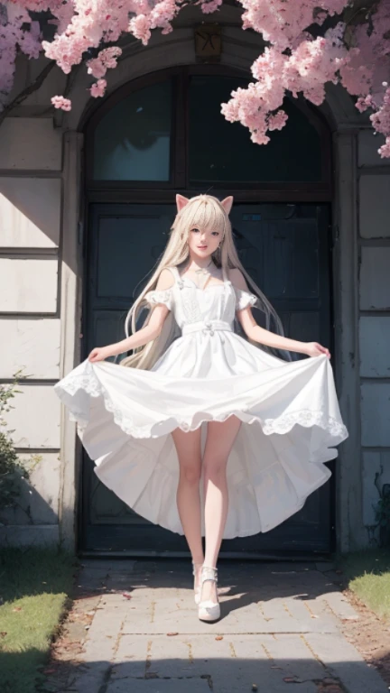 full body, laugh together, bright look、photorealism、highest quality、ultra high resolution、photograph、絶妙に美しい北欧生まれの女の子のphotograph、extraordinary beautiful girl、Detailed cute and beautiful face、(Pure Eros Face_v1:0.008)、beautiful bangs、alice in wonderland、18-year-old、glowing white shiny skin、Flow of hair that extends to the face、bangs between the eyes、super long hair、Attractive light and dark platinum blonde super long straight silky hair、thin hair、Charming shining beautiful bright clear light blue big eyes、white apron、yellow dress、eyeliner、double eyelids、rich bust、two girls、cat ears、great laugh togetherter、short skirt、White lace underskirt、pink panties、
