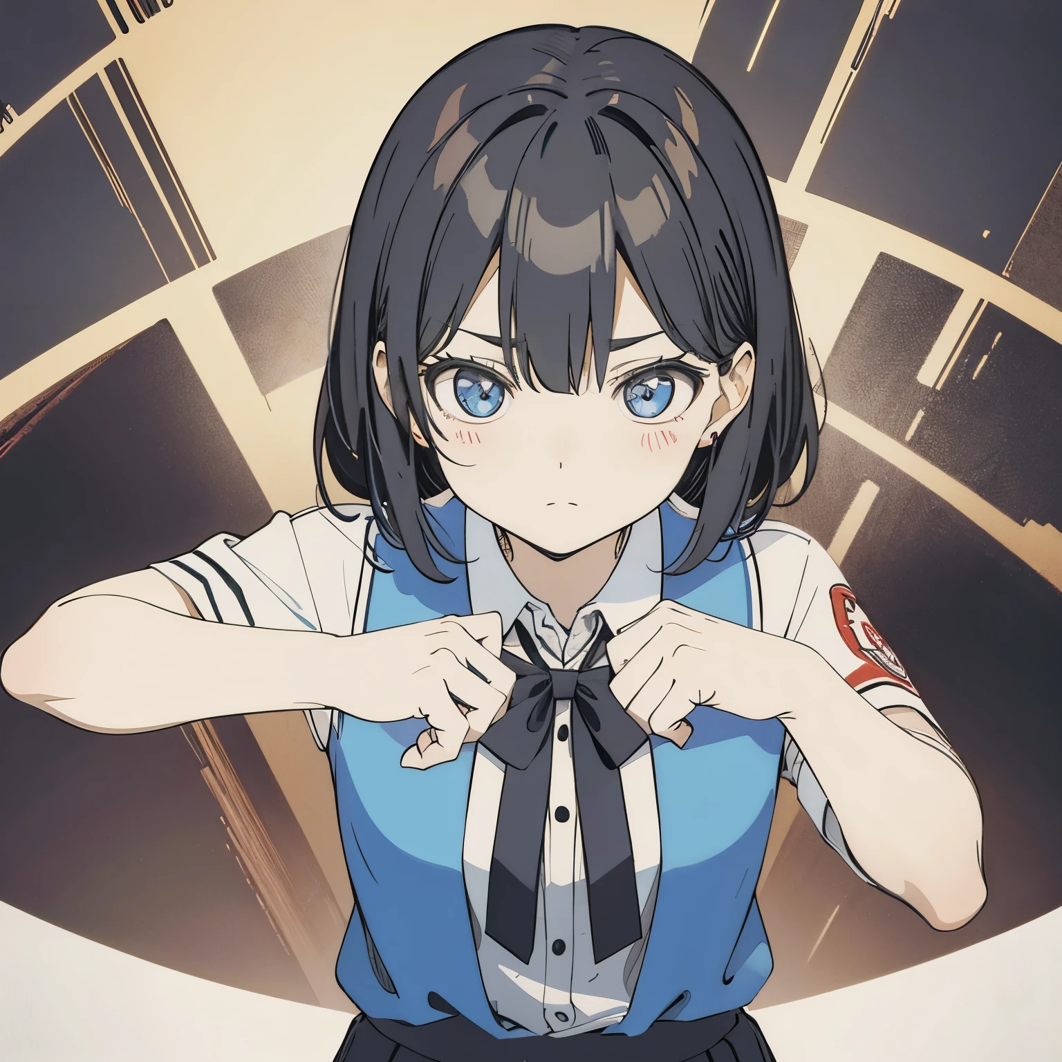 青 One’s junior, high , Stinking eyes, Black hair Straight hair, uniform, meek, short, blue eyes, セーラー服, 照れ顔 ロングヘア 背が低い