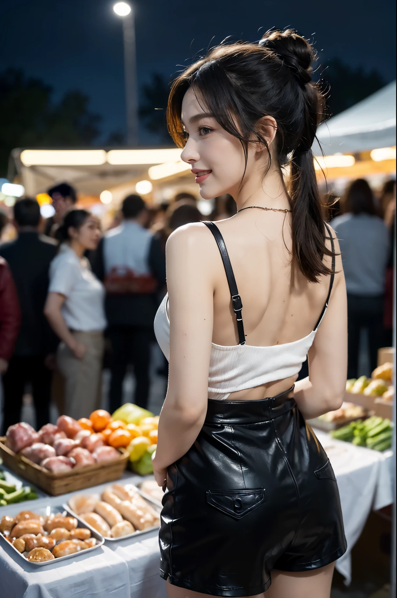 ((((8k))),((Extremely meticulous CG)) ,(wallpaper),16k,((Extremely refined and beautiful)),(((Masterpiece))),(((best qualtiy))),(((Ultra High Resolution))),beautiful light up,Perfect lightning,realistic shaded,[A high resolution],(Smooth and flawless fair skin:1.5),(pale skin:1.3),Extremely exquisite facial details,(perfect body:1.1),ultra-detailed,A beautiful girl,small head,(short ponytail:1.1),small face,Exquisite makeup,(small breasts:1.1),flat chests,slim,thin,happy,(smile:1.2),(Maxi leather apron:1.3),(slender legs:1.2),(short pants:1.2),(sneakers:1.1),(night scene:1.5),(In the pitch-black dawn:1.3),outdoor,(At a farmer's market:1.5),(many seafood and meat piled up on the stalls:1.2),(detailed background:1.5),(A large-basket filled with items),(Standing:1.3),(upper body:1.2),(from back:1.3),(Surrounded by crowded crowds:1.5),(winter)