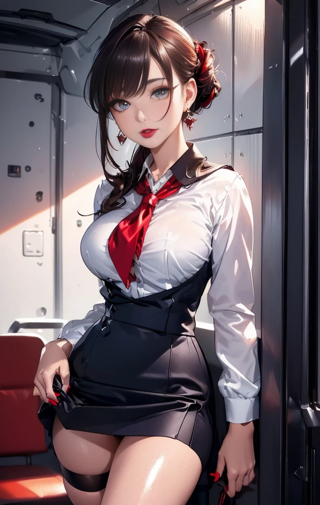 (((master piece,Best Quality,highest quality,Ultra-detailed,ultra high resolution,extremely detailed CG unity 8k wallpaper,Illustration,Detailed skin,Shiny skin,Realistic,Beautiful detailed eyes,luscious eyes,striking eyes,Perfect Anatomy, gleaming skin))),oily skin,1girl in,Solo, cabin attendant uniform,flight attendant uniform,light blue blouse,dark blue slit tight skirt,red neckerchief,earrings,high heels,stockings,middle hair,half updo,dark brown hair,red lips,(((cowboy shot))),(((half updo,red lips))),large breast,skirt lift,panty pull,show off pubic hair,