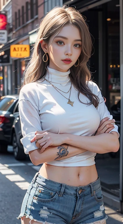  Beautiful girl college student，masterpiece，light makeup，red lips，silver hair，messy long hair，street background，beautiful，grace。super fine details，work，authentic texture，Realistic movie lighting，完美的work，8K，HD，exquisite features，White Skinny Turtleneck Top，White Skinny Shorts，slim body shape，big and bright eyes，，earrings，necklace，Tattoos