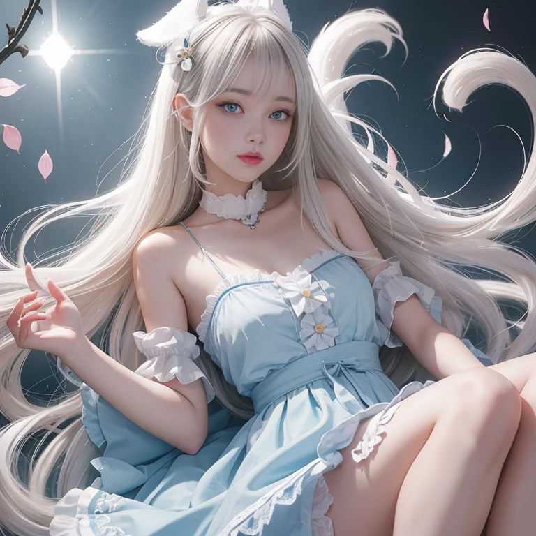 bright look、photorealism、highest quality、ultra high resolution、photograph、絶妙に美しい北欧生まれの女の子のphotograph、extraordinary beautiful girl、Detailed cute and beautiful face、(Pure Eros Face_v1:0.008)、beautiful bangs、alice in wonderland、18-year-old、glowing white shiny skin、Flow of hair that extends to the face、bangs between the eyes、super long hair、Attractive light and dark platinum blonde super long straight silky hair、thin hair、Charming shining beautiful bright clear light blue big eyes、white apron、yellow dress、eyeliner、double eyelids、rich bust、two girls、cat ears、Laughter、short skirt、White lace underskirt、pink panties、