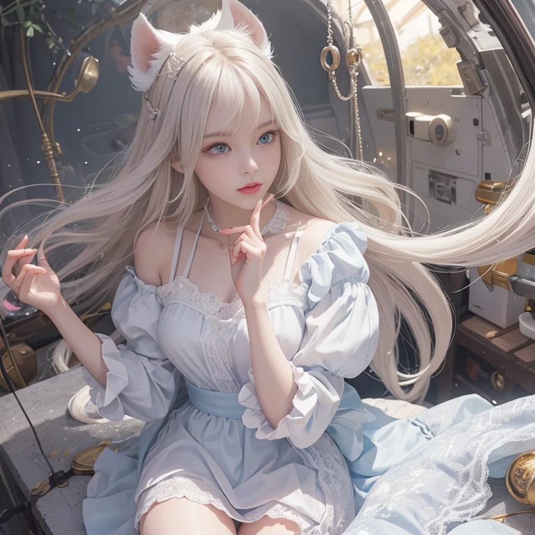 bright look、photorealism、highest quality、ultra high resolution、photograph、絶妙に美しい北欧生まれの女の子のphotograph、extraordinary beautiful girl、Detailed cute and beautiful face、(Pure Eros Face_v1:0.008)、beautiful bangs、alice in wonderland、18-year-old、glowing white shiny skin、Flow of hair that extends to the face、bangs between the eyes、super long hair、Attractive light and dark platinum blonde super long straight silky hair、thin hair、Charming shining beautiful bright clear light blue big eyes、white apron、yellow dress、eyeliner、double eyelids、rich bust、two girls、cat ears、Laughter、short skirt、White lace underskirt、pink panties、