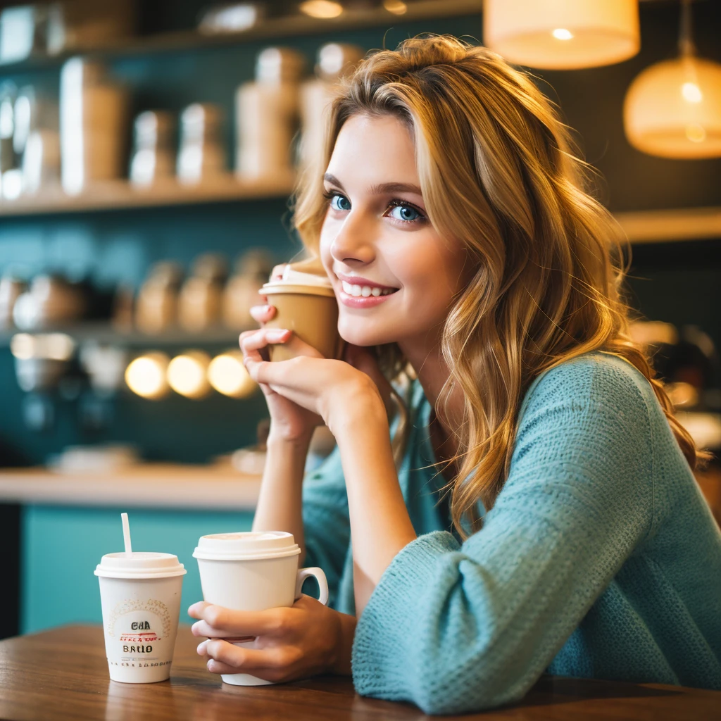 Cute beautiful blonde (Drink coffee in a modern café at sunset), very detailed, 21 years old, innocent face, natural wavy hair, blue eyes, High resolution, masterpiece, highest quality,intricate details, very detailed,sharp focus, fine skin,realistic skin texture,texture, fine eyes, Professional, 4K, Chalmer Smile, Photographed with Canon, 85mm,shallow depth of field,kodak vision color, perfectly fitted body, very detailed, photograph_\(ultra\), photographrealistic, realistic, Post-processing, maximum details, roughness, real life, ultra realistic, photographrealism, photographgraphy, 8K UHD, photographgraphy