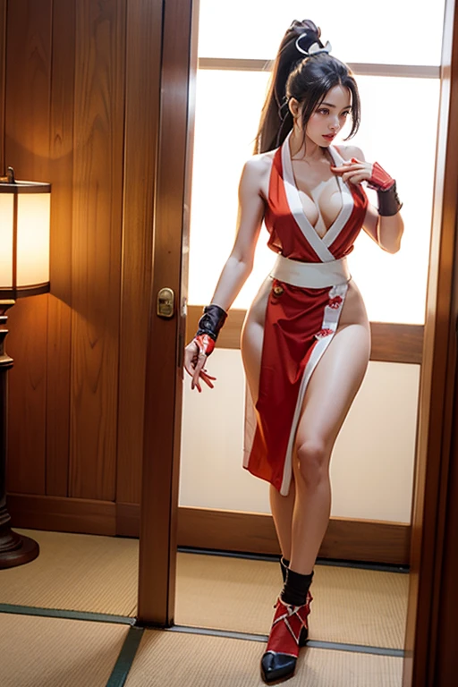 (kind_smile:1.2),pelvic curtain,(do not wear underwear:1.4),bright backlight,(medium breasts:1.1),super high resolution,best quality,Photos,8k,(Realistic:1.2),huowu,1 girl,sexy,cosplay,Mai Shiranui (The King of Fighters),bangs,standing,legs apart,confident,expressive eyes,long flowing hair,(red qipao dress with high slit:1.1),revealing neckline,(ample cleavage:1.2),slender waist,long legs,(thigh-high socks:1.3),flame background, UHD 8k RAW photography, photo real