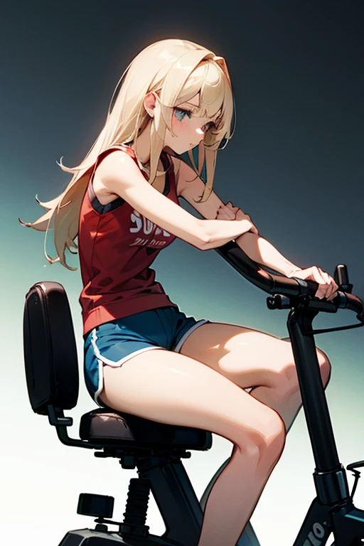 a girl sitting on gym cycle saddle cushion, dolphin shorts,