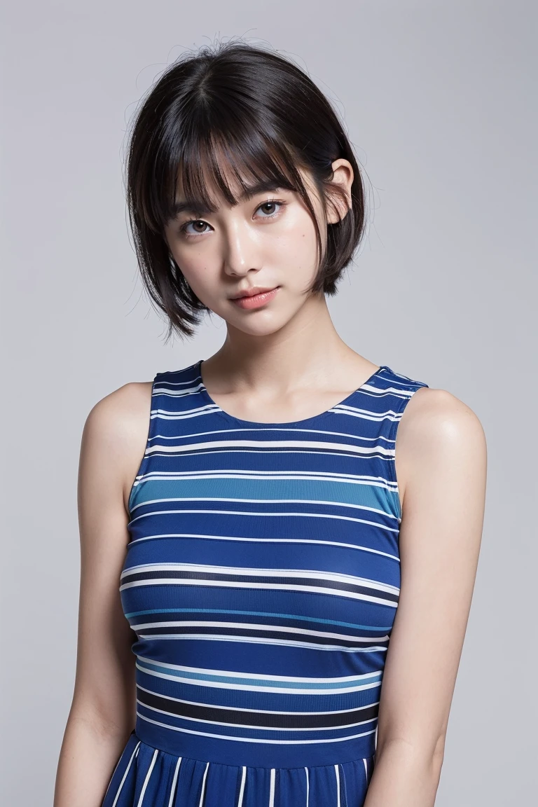 (8K, RAW photo, highest quality, masterpiece:1.2), ultra detail, super resolution, (realistic, realistic Photo:1.37), portrait, High resolution raw color photos, professional photos, 非常に詳細で美new, very detailed, 8k wallpaper, surprisingly detailed, huge file size, official art, highly detailed CG unity 8k wallpaper, very detailed美少女, very detailed顔, very detailed目, very detailed肌, very detailed指, very detailed鼻, very detailed詳細な口 , perfect anatomy, very detailed背景, very detailed衣服, 1 girl,, 20th generation, cute girl, realistic body, small, Fair skin, glowing skin , handsome body, black hair , Rolled up hair, (dull bangs:1.2), smile, cute, like々new, cute face, realistic face, delicate eyes, (((blue sleeveless dress))), looking at the viewer, cowboy shot, facing the front, Standing position, Opposition, dynamic lighting, very big breasts,