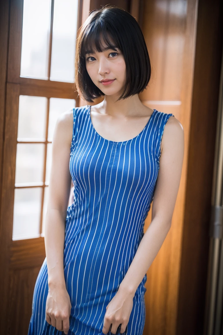 (8K, RAW photo, highest quality, masterpiece:1.2), ultra detail, super resolution, (realistic, realistic Photo:1.37), portrait, High resolution RAW color photos, professional photos, 非常に詳細で美new, very detailed, 8k wallpaper, surprisingly detailed, huge file size, official art, highly detailed CG unity 8k wallpaper, very detailed美少女, very detailed顔, very detailed目, very detailed肌, very detailed指, very detailed鼻, very detailed詳細な口 , perfect ???????, very detailed背景, very detailed衣服, 1 girl,, 20th generation, cute girl, realistic body, small, Fair skin, glowing skin , handsome body, black hair , Rolled up hair, (dull bangs:1.2), smile, cute, like々new, cute face, realistic face, delicate eyes, (((gentian blue colored sleeveless striped dress))), looking at the viewer, cowboy shot, facing the front, Standing position, Opposition, dynamic lighting, very big breasts,