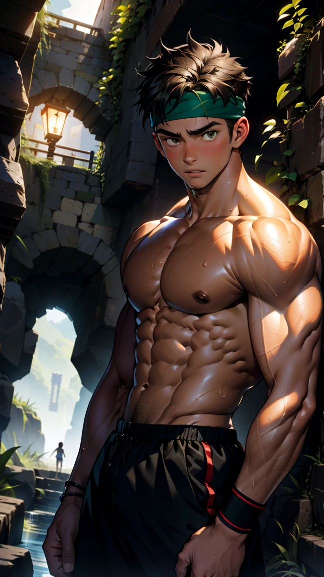 (Masterpiece, Best quality, 18 year old boy, 8k, ultra-detailed, (bust shot)), (from below, looking away, worm eyes, thin lips), (1 boy, solo), Young, (teenager), (Dark Short straight hair, under cut, black eyes), Shirtless, topless, (torn Green headband), (Depth of field:1.2), (Abs, chest, upper arms), (topless male), man with martial arts stance, athretic body, (background: inside caves, night), sweat