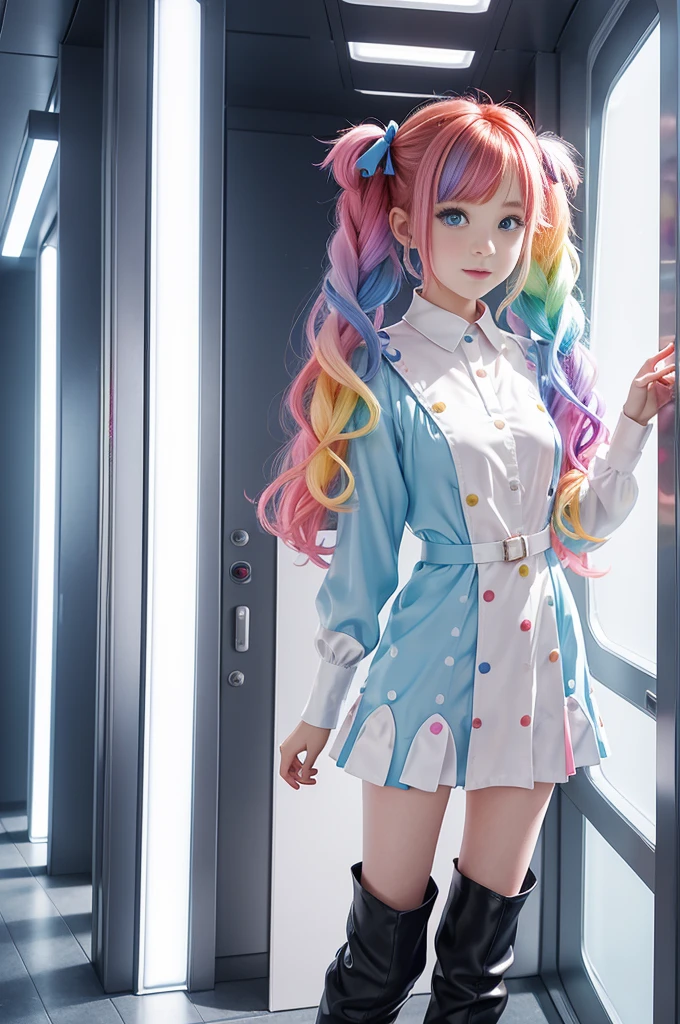 Cute Redhead, idol sculpture, With rainbow colored hair, ribbon in her hair, 18 year old female, Happy, With twin tails, Perfect symmetrical eyes, clear shining blue eyes, white skin, Silky smooth skin, Standing on top of a flashy, luxurious spaceship, big futuristic hallway, Control panel, wood trim, Decorative plants, warm lighting, wearing a futuristic party dress, pleats (shirt) mini dress (Pastel rainbow colors, and polka dots), wearing pantyhose all over, cute short cut boots.
