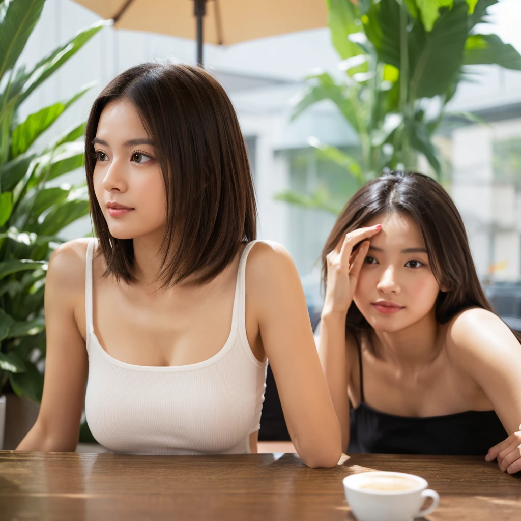 (realisitic、hight resolution:1.3)、1 girl with a perfect figure、Super thin face and eyes、shorth hair、Tank Tops:1 in random color.2、Short jeans、in a cafe、coffee on table