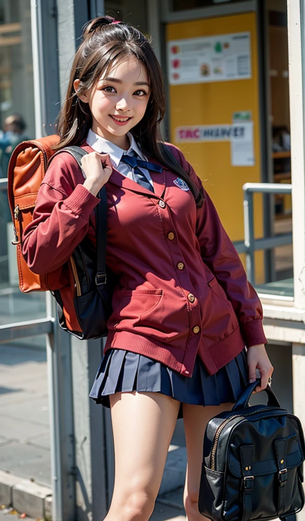 young girl, Red Primary School Backpack, cute uniform, Guts pose,happy smile